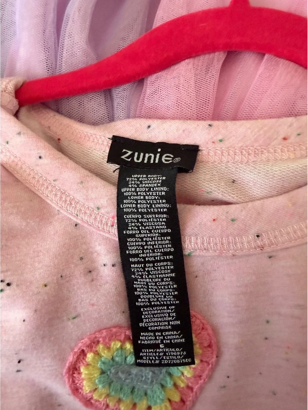 Zunie Girls Pink Long Sleeve Dress with Rainbow Hearts and Tulle Skirt